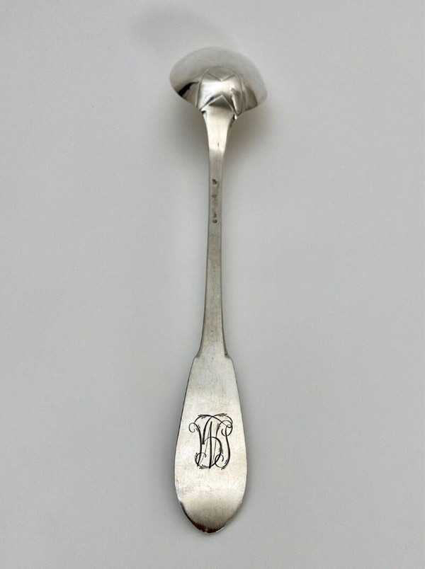 Solid silver stew spoon 18th century monogram and hallmarks 233 grams