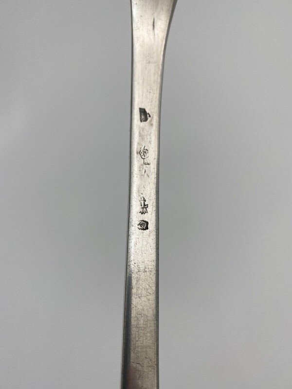 Solid silver stew spoon 18th century monogram and hallmarks 233 grams
