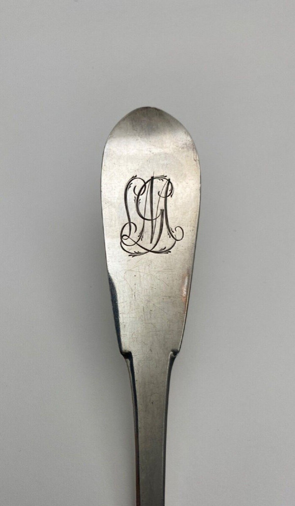 Solid silver stew spoon 18th century monogram and hallmarks 233 grams
