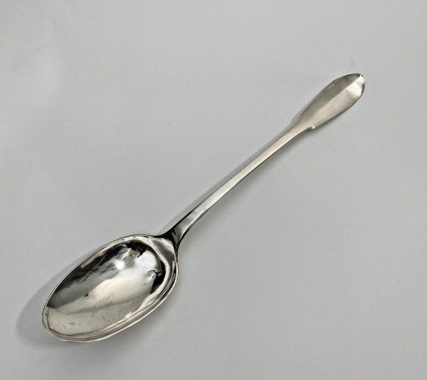 Solid silver stew spoon 18th century monogram and hallmarks 233 grams