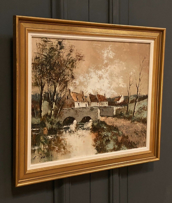 Huile sur toile chaumières au bord de l'eau par Claude Mourier 1980