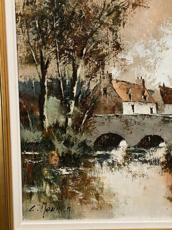 Huile sur toile chaumières au bord de l'eau par Claude Mourier 1980