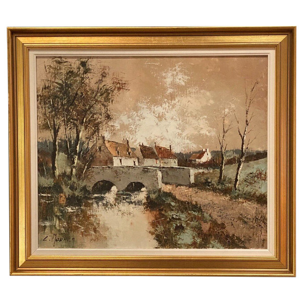 Huile sur toile chaumières au bord de l'eau par Claude Mourier 1980