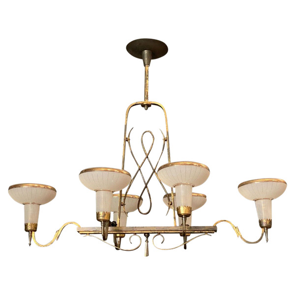 Lampadario in metallo dorato 1950 6 luci molate in vetro satinato