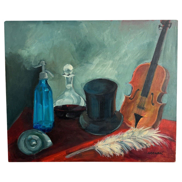 Oil on canvas by Arrabal still life with violin and siphon 20th century