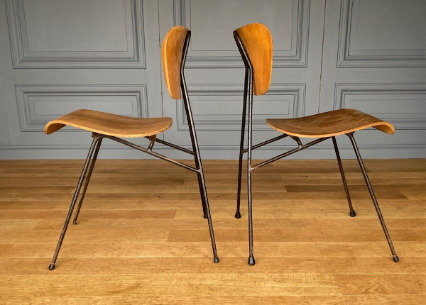 Paire de chaises courbes 1960 métal tubulaire Robert Mathieu