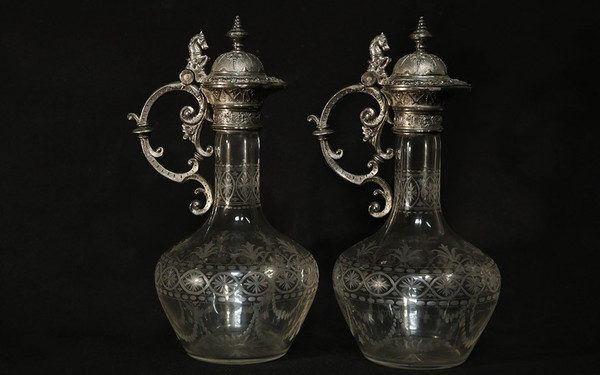 Coppia di brocche e decanter in cristallo e argento, XIX secolo