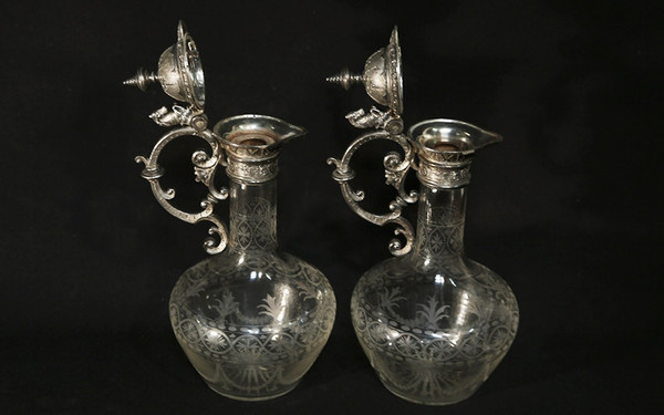 Coppia di brocche e decanter in cristallo e argento, XIX secolo