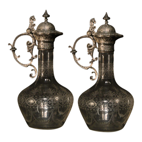 Coppia di brocche e decanter in cristallo e argento, XIX secolo