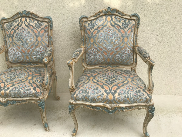 Pair of large Louis XV style armchairs in lacquered wood 20th century