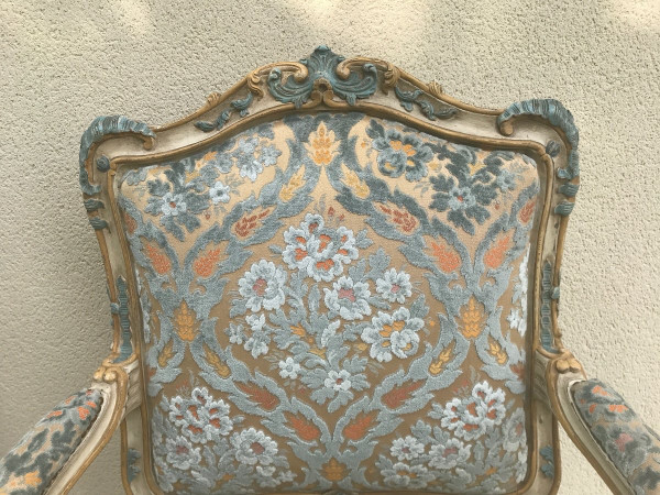 Pair of large Louis XV style armchairs in lacquered wood 20th century