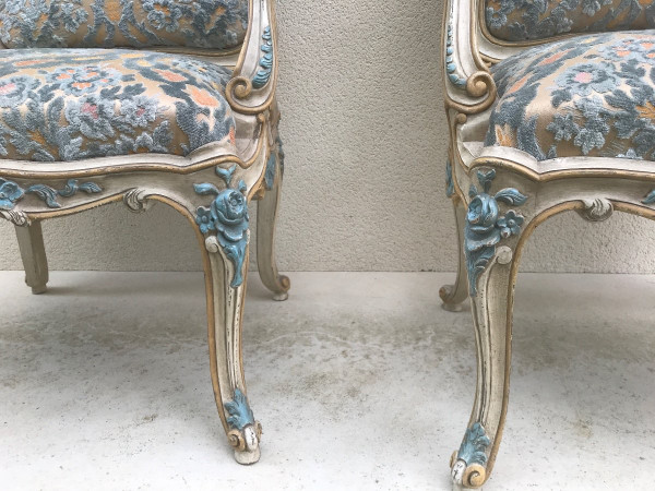 Pair of large Louis XV style armchairs in lacquered wood 20th century