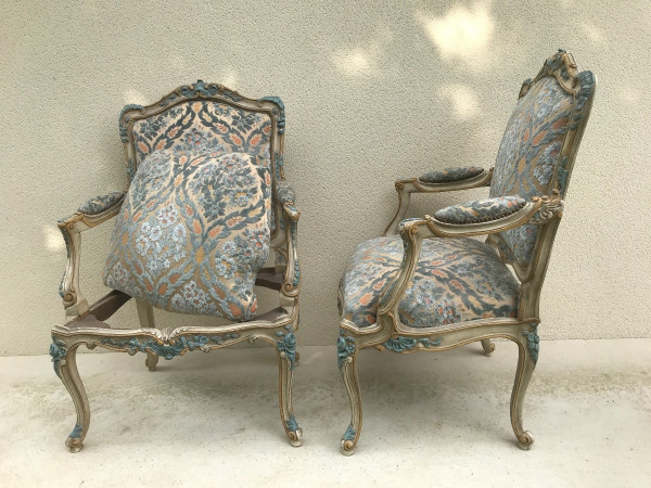 Pair of large Louis XV style armchairs in lacquered wood 20th century