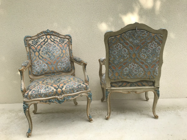 Pair of large Louis XV style armchairs in lacquered wood 20th century