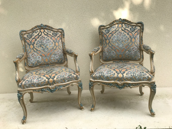 Pair of large Louis XV style armchairs in lacquered wood 20th century