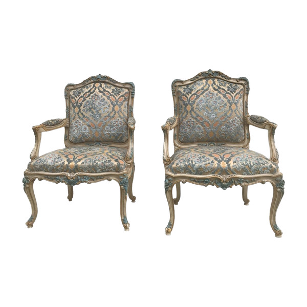 Pair of large Louis XV style armchairs in lacquered wood 20th century