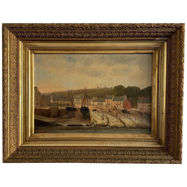 Oil on canvas by F. Lemoine the port of Nantes late 19th century stucco frame