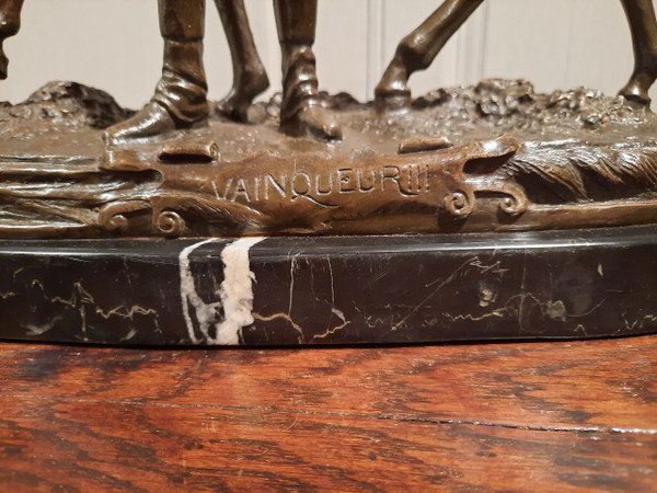 Bronze representing a jockey and his horse signed P.J. Mène 1866, 20th century.