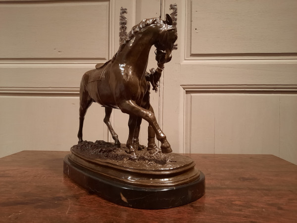 Bronze representing a jockey and his horse signed P.J. Mène 1866, 20th century.