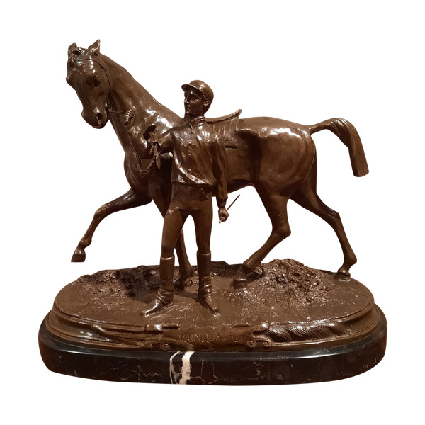 Bronze representing a jockey and his horse signed P.J. Mène 1866, 20th century.