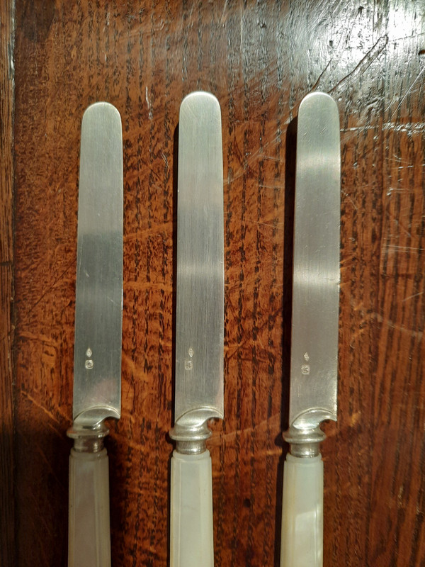 Diciotto coltelli in argento massiccio e madreperla in una custodia in palissandro del periodo Napoleone III.