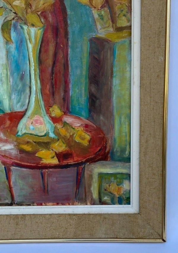 Huile sur carton nature morte aux fleurs 1950