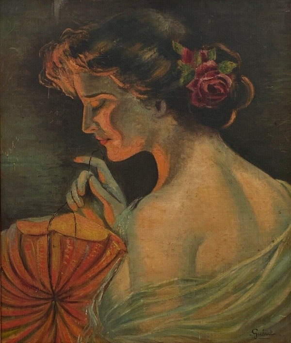 Öl auf Karton von Guéret Frau im Profil XX.