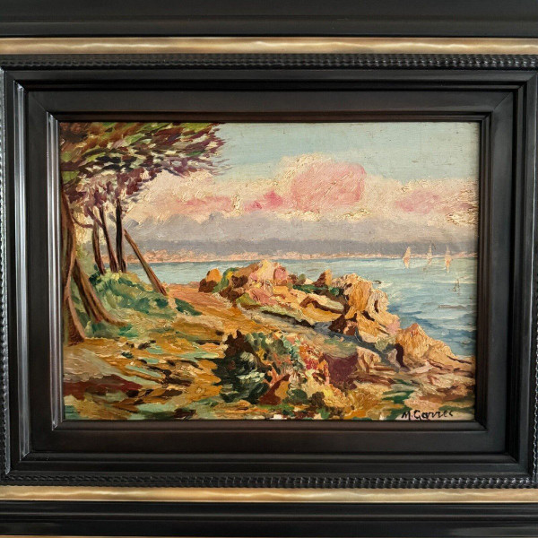 Huile sur carton représentant une côte rocheuse par M. Garrec XXe