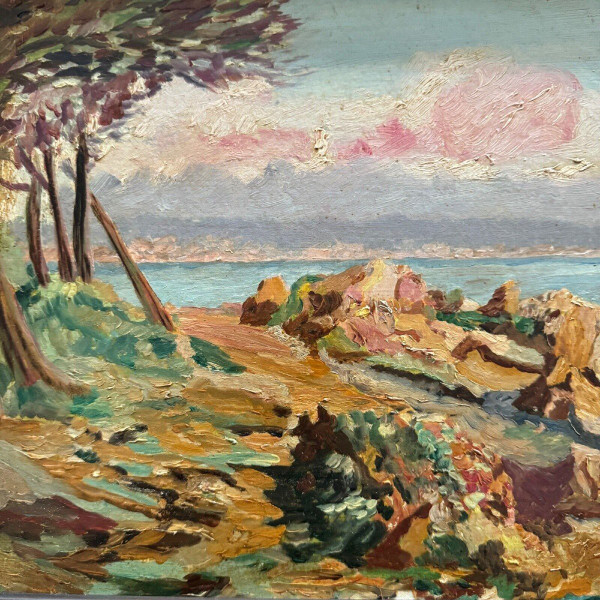 Huile sur carton représentant une côte rocheuse par M. Garrec XXe