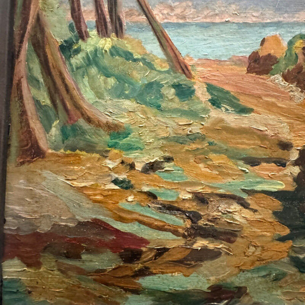 Huile sur carton représentant une côte rocheuse par M. Garrec XXe