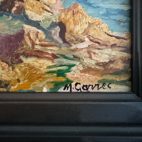 Huile sur carton représentant une côte rocheuse par M. Garrec XXe