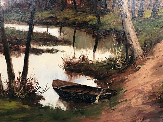 Jean Dumont. Large framed oil on canvas, "Landscape with a boat