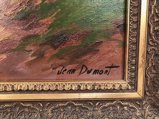 Jean Dumont. Large framed oil on canvas, "Landscape with a boat