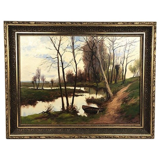 Jean Dumont. Large framed oil on canvas, "Landscape with a boat