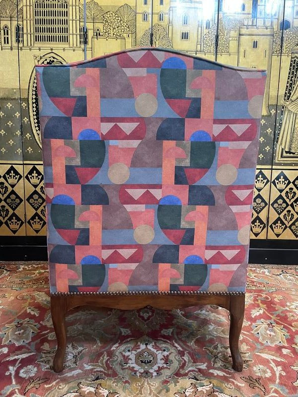 Armchair - Louis XV style wing chair in Art Deco fabric