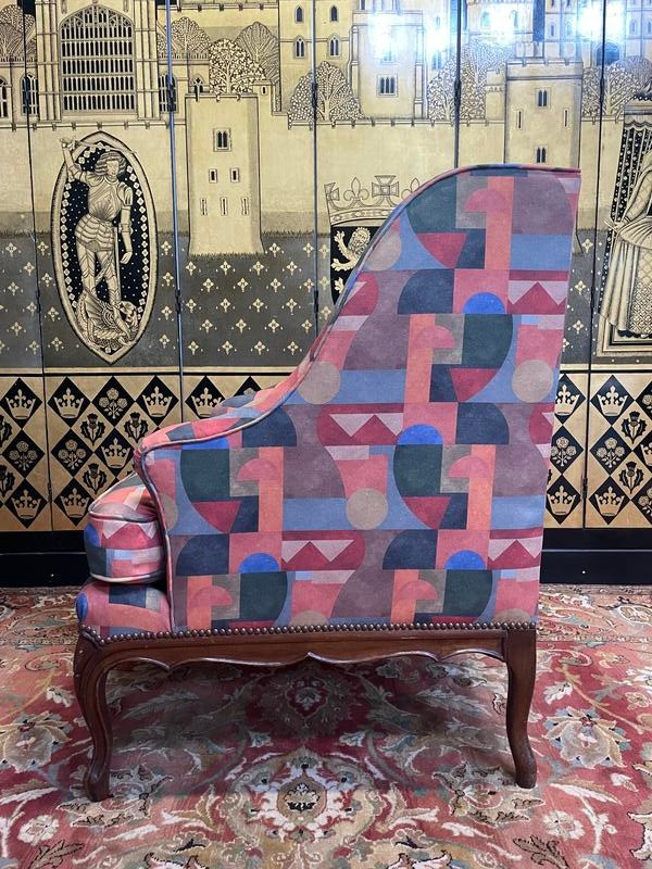 Armchair - Louis XV style wing chair in Art Deco fabric