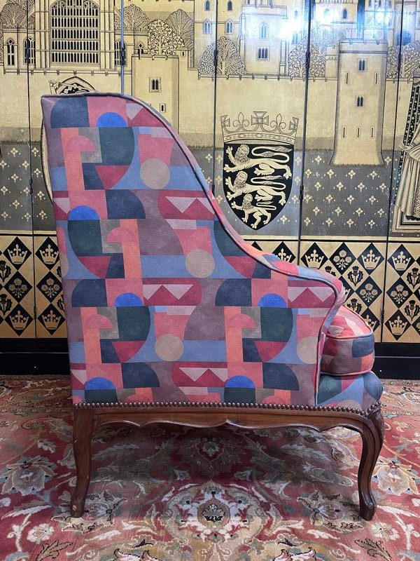 Armchair - Louis XV style wing chair in Art Deco fabric