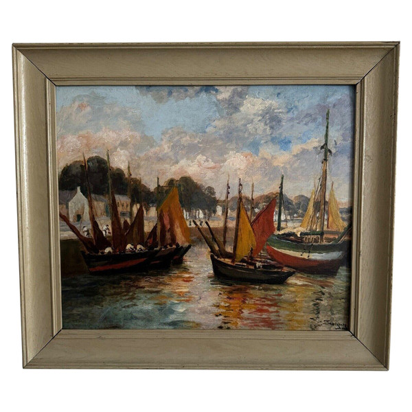 Öl auf Karton von Henri Malfroy Savigny Fischereihafen