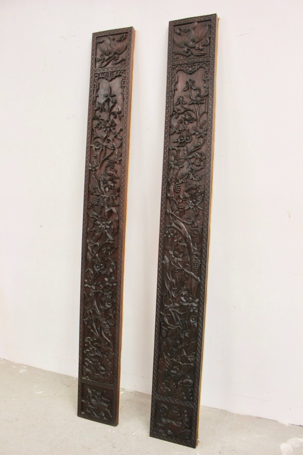 Paire De Colonnes En Bois Sculpté , Asie Fin XIX