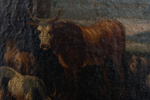 Oil on canvas 18th century scene of animals and shepherd gilded frame