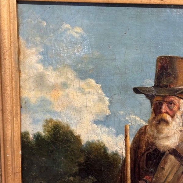Peinture à l'huile ancienne sur toile, représentant un mendiant, belle qualité