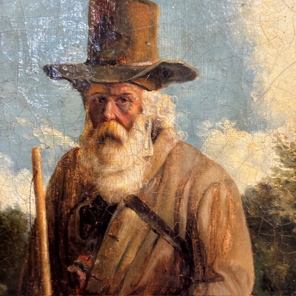 Peinture à l'huile ancienne sur toile, représentant un mendiant, belle qualité