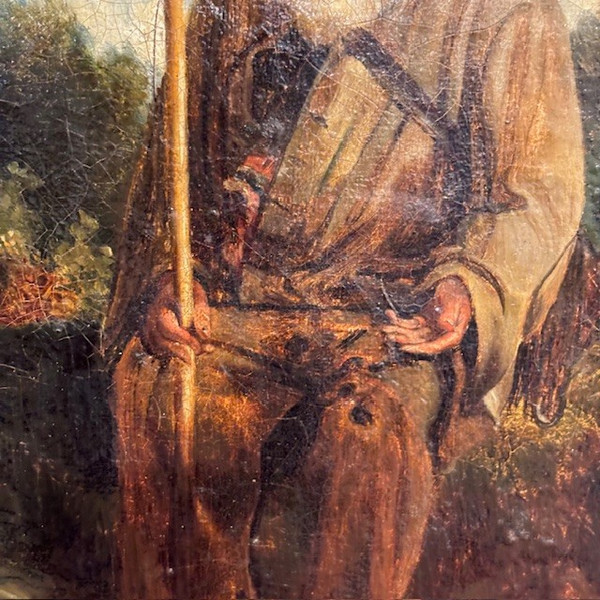 Peinture à l'huile ancienne sur toile, représentant un mendiant, belle qualité