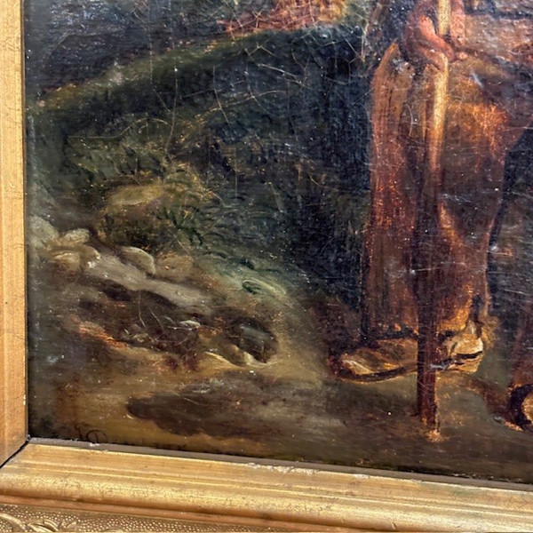 Peinture à l'huile ancienne sur toile, représentant un mendiant, belle qualité