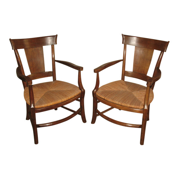 Pair of Restoration-period straw-covered armchairs in walnut Origin Périgord 19th century Directoire style
