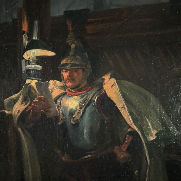 Portrait de soldat XIXe dans une écurie par Marius Roy peintre de marine