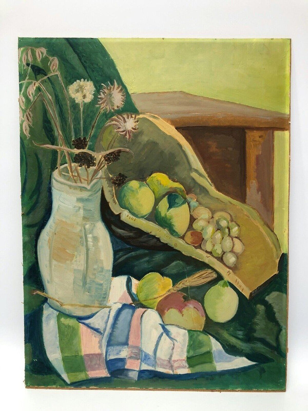 Stillleben Blumenvase und Obstschale 1940 Öl auf Karton