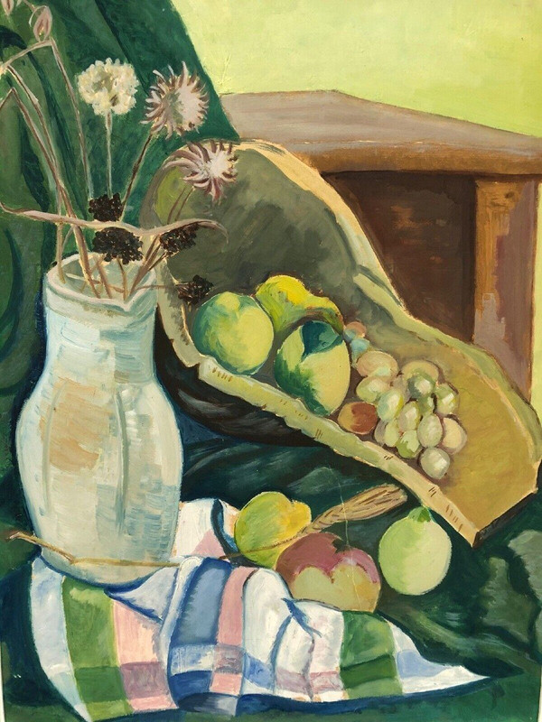 Stillleben Blumenvase und Obstschale 1940 Öl auf Karton