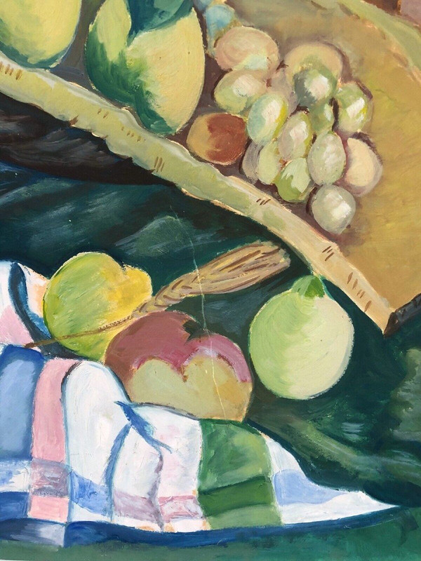 Stillleben Blumenvase und Obstschale 1940 Öl auf Karton