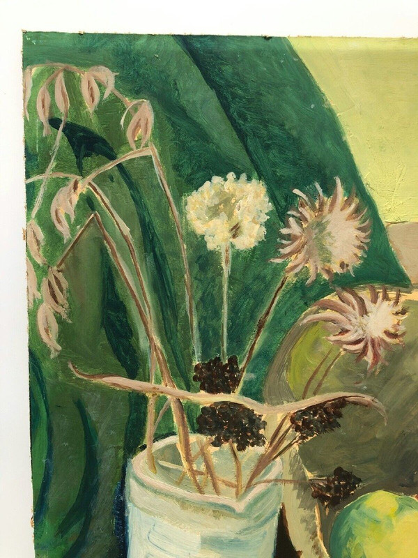 Stillleben Blumenvase und Obstschale 1940 Öl auf Karton